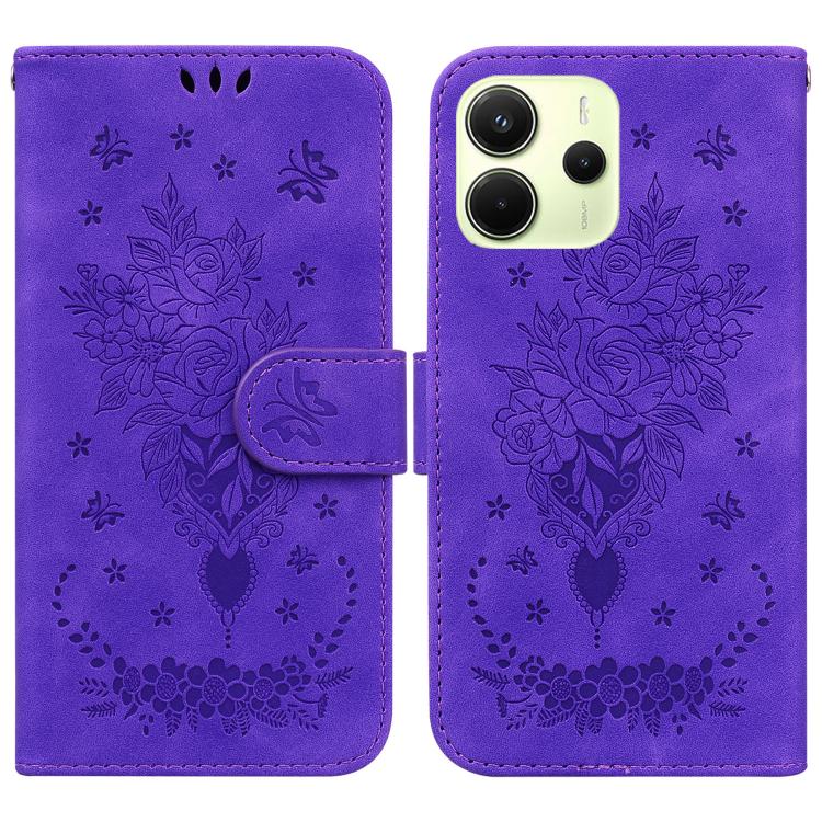 

For Redmi Note 14 4G 163.25mm Butterfly Rose Embossed Leather Phone Case(Purple)