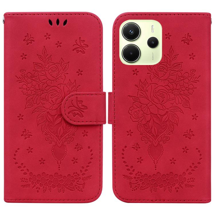 

For Redmi Note 14 4G 163.25mm Butterfly Rose Embossed Leather Phone Case(Red)