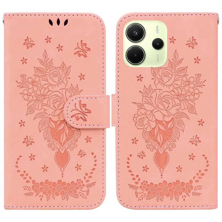 

For Redmi Note 14 4G 163.25mm Butterfly Rose Embossed Leather Phone Case(Pink)
