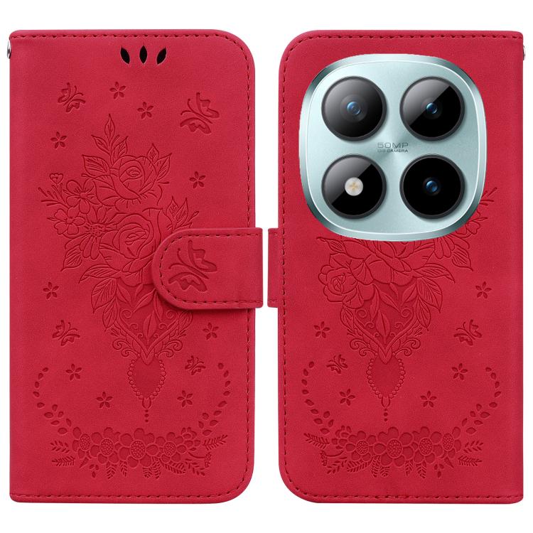

For Redmi Note 15 Pro 5G Global 163.6mm Butterfly Rose Embossed Leather Phone Case(Red)