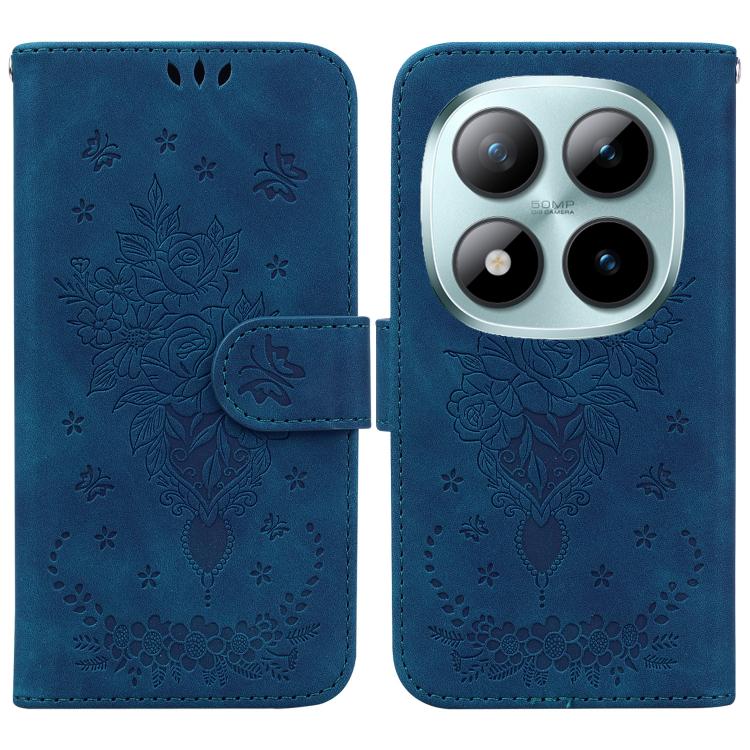 

For Redmi Note 15 Pro+ 5G Global 163.3mm Butterfly Rose Embossed Leather Phone Case(Blue)