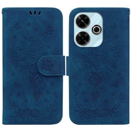 

For Xiaomi Poco M6 4G Butterfly Rose Embossed Leather Phone Case(Blue)