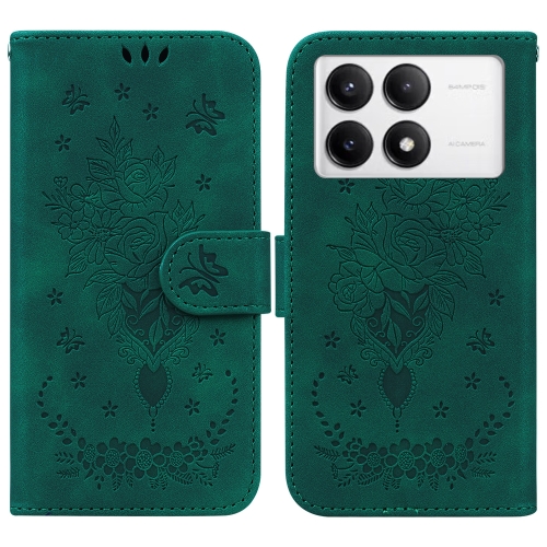 

For Xiaomi Poco F6 Pro Butterfly Rose Embossed Leather Phone Case(Green)