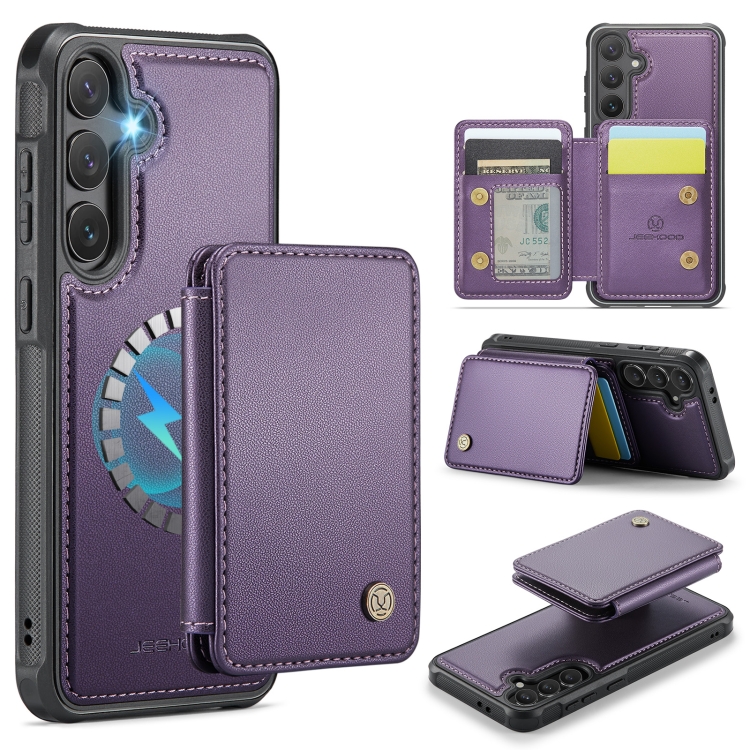

For Samsung Galaxy S24 FE 5G JEEHOOD J05 Business Magnetic Style RFID Leather Phone Case(Purple)