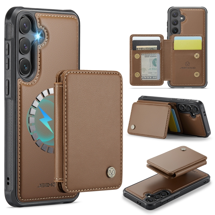 

For Samsung Galaxy S24 FE 5G JEEHOOD J05 Business Magnetic Style RFID Leather Phone Case(Brown)