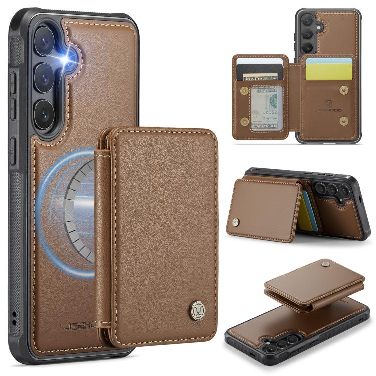 

For Samsung Galaxy S25+ 5G JEEHOOD J05 Business Magnetic Style RFID Leather Phone Case(Brown)