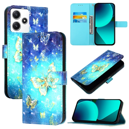 

For Redmi 12 4G / 5G Global India / Note 12R 3D Painting Horizontal Flip Leather Phone Case(Golden Butterfly)