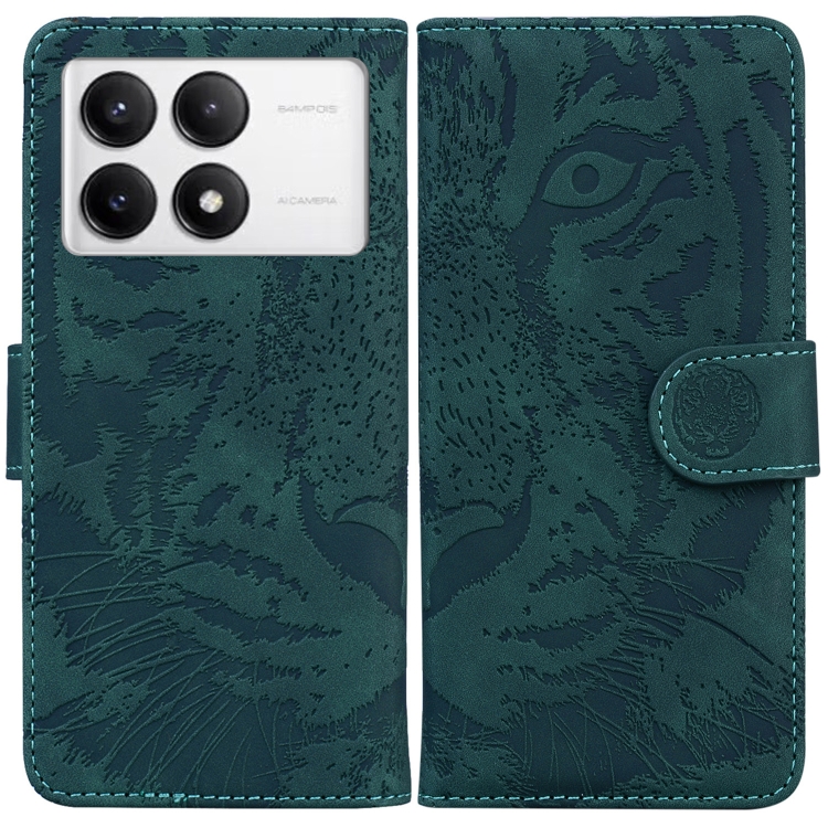 

For Xiaomi Poco F6 Pro Tiger Embossing Pattern Flip Leather Phone Case(Green)