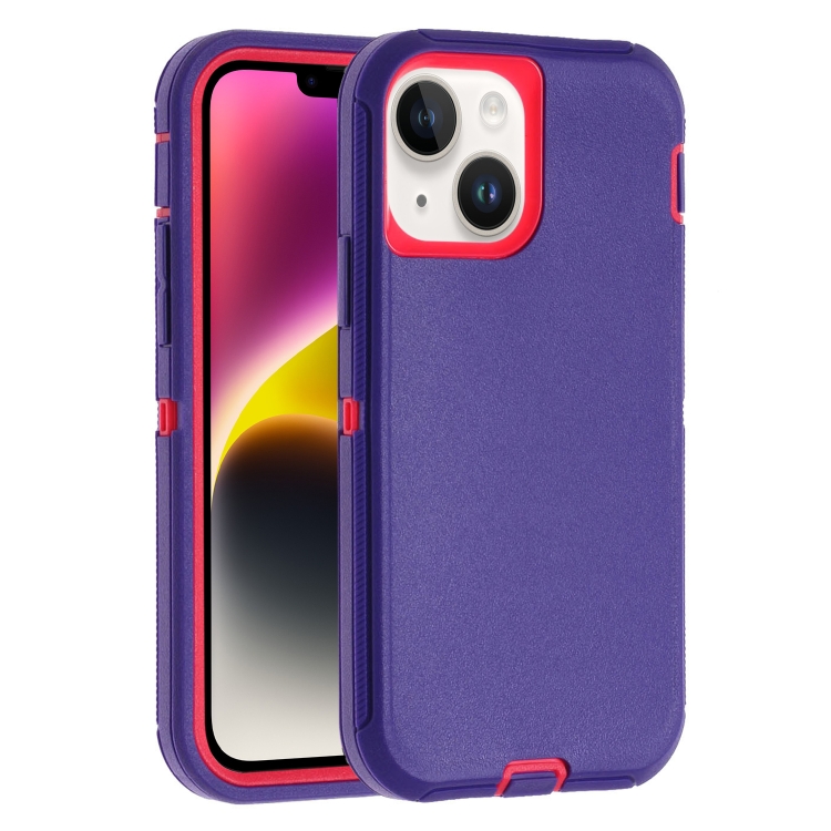 

For iPhone 14 Plus Robot Three-proof Life Waterproof Phone Case with Holder(Purple + Rose Red)