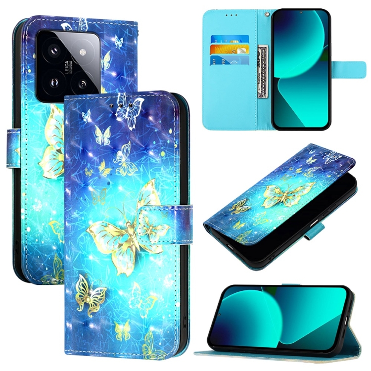 

For Xiaomi 14 Pro 3D Painting Horizontal Flip Leather Phone Case(Golden Butterfly)