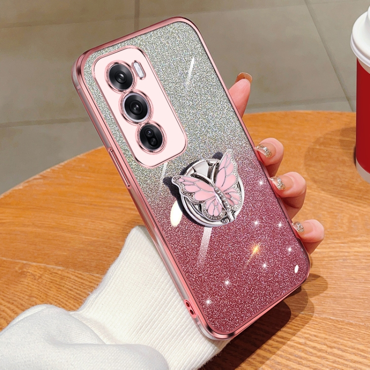 

For OPPO Reno12 Pro Global Plated Gradient Glitter Butterfly Holder TPU Phone Case(Pink)