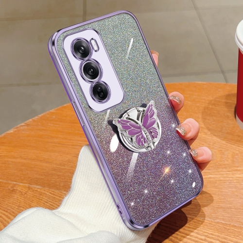 

For OPPO Reno12 Pro Global Plated Gradient Glitter Butterfly Holder TPU Phone Case(Purple)