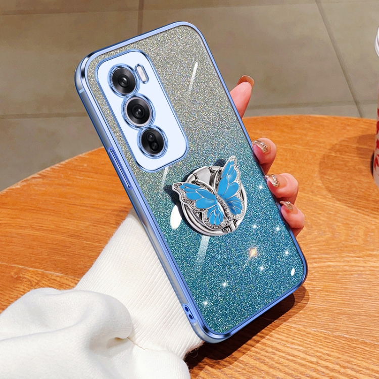 

For OPPO Reno12 Global Plated Gradient Glitter Butterfly Holder TPU Phone Case(Sierra Blue)