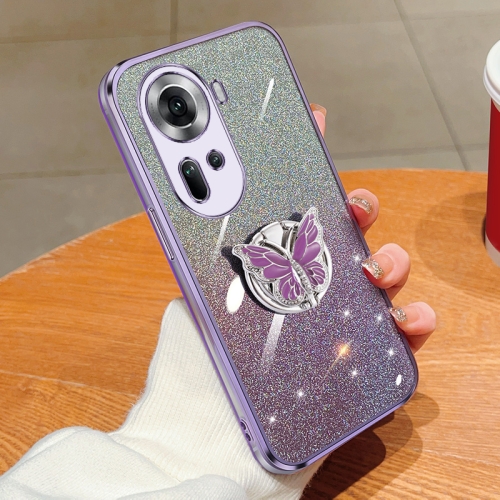 

For OPPO Reno11 Global Plated Gradient Glitter Butterfly Holder TPU Phone Case(Purple)