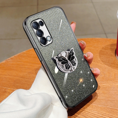 

For OPPO Reno5 5G Plated Gradient Glitter Butterfly Holder TPU Phone Case(Black)