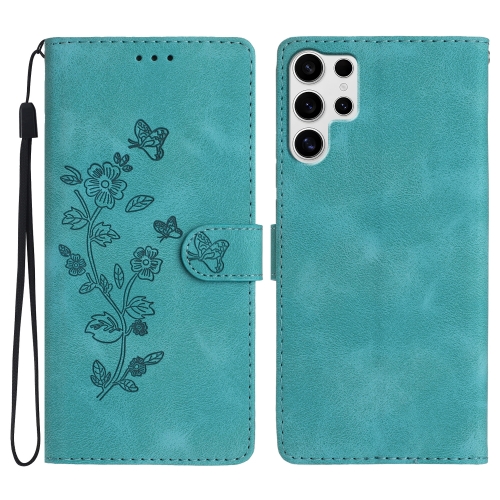 

For Samsung Galaxy S25 Ultra 5G Flower Butterfly Embossing Pattern Leather Phone Case(Sky Blue)