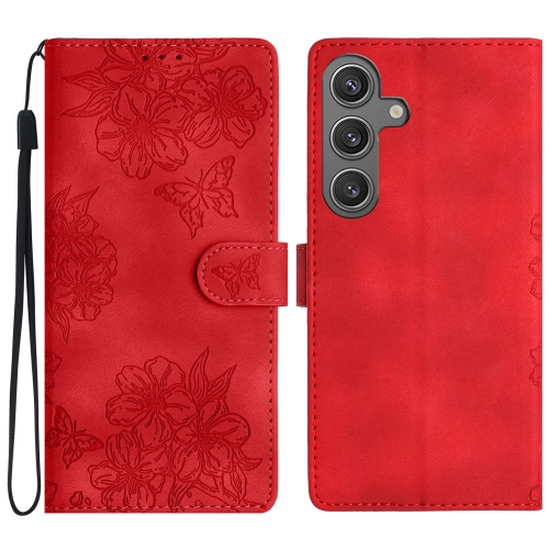 

For Samsung Galaxy S24 FE 5G Cherry Blossom Butterfly Skin Feel Embossed PU Phone Case(Red)