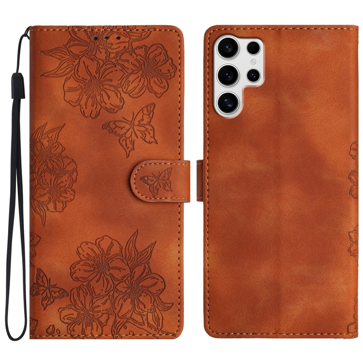 

For Samsung Galaxy S25 Ultra 5G Cherry Blossom Butterfly Skin Feel Embossed PU Phone Case(Brown)