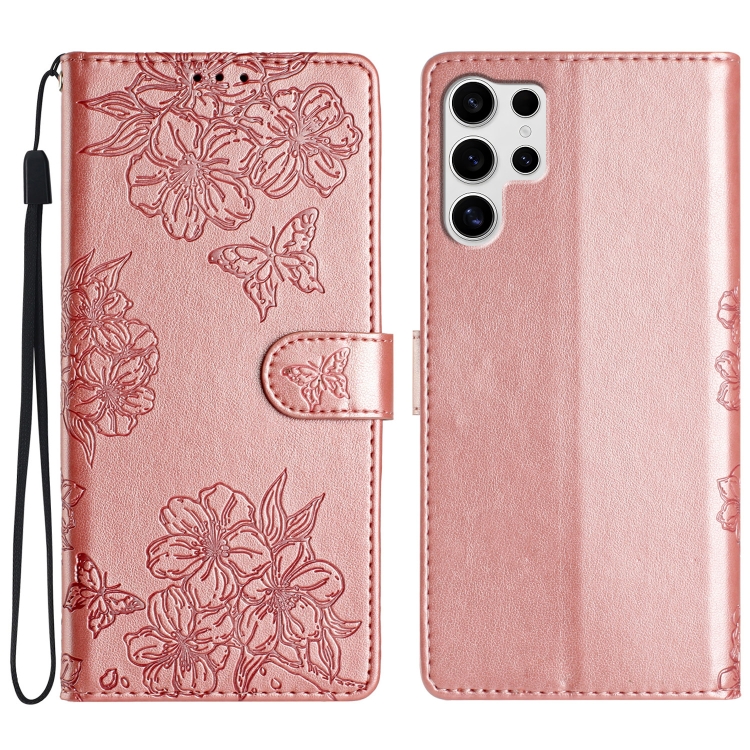 

For Samsung Galaxy S25 Ultra 5G Cherry Blossom Butterfly Skin Feel Embossed PU Phone Case(Rose Gold)