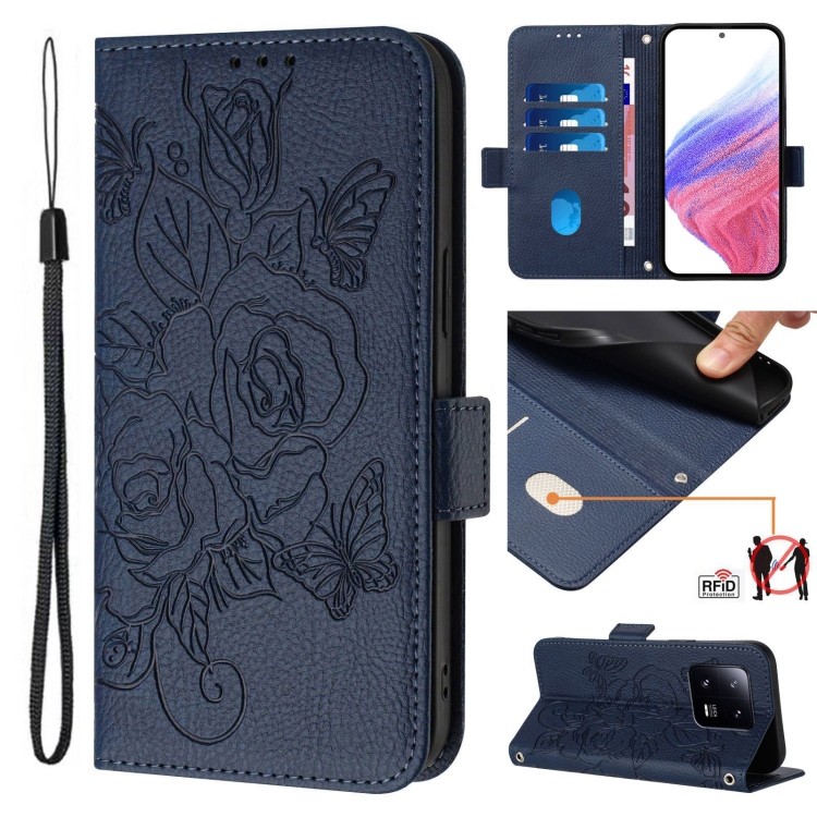 

For Xiaomi 13 Pro 5G Embossed Rose RFID Anti-theft Leather Phone Case(Dark Blue)