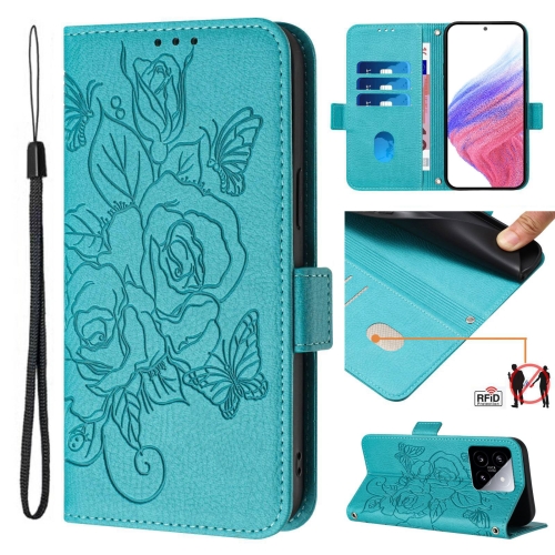 

For Xiaomi 14 5G Embossed Rose RFID Anti-theft Leather Phone Case(Light Blue)