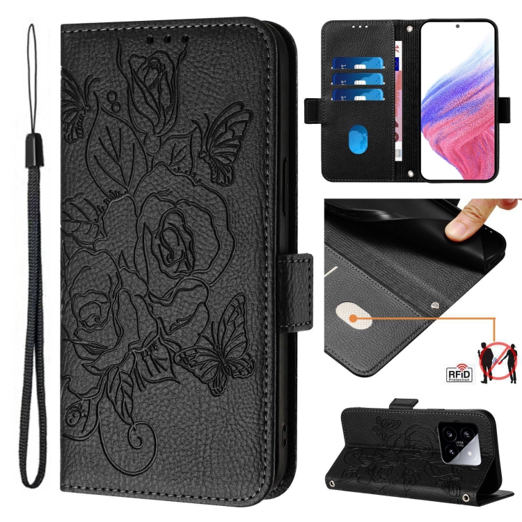 

For Xiaomi 14 5G Embossed Rose RFID Anti-theft Leather Phone Case(Black)