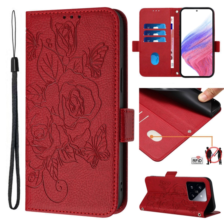 

For Xiaomi 14 Pro 5G Embossed Rose RFID Anti-theft Leather Phone Case(Red)