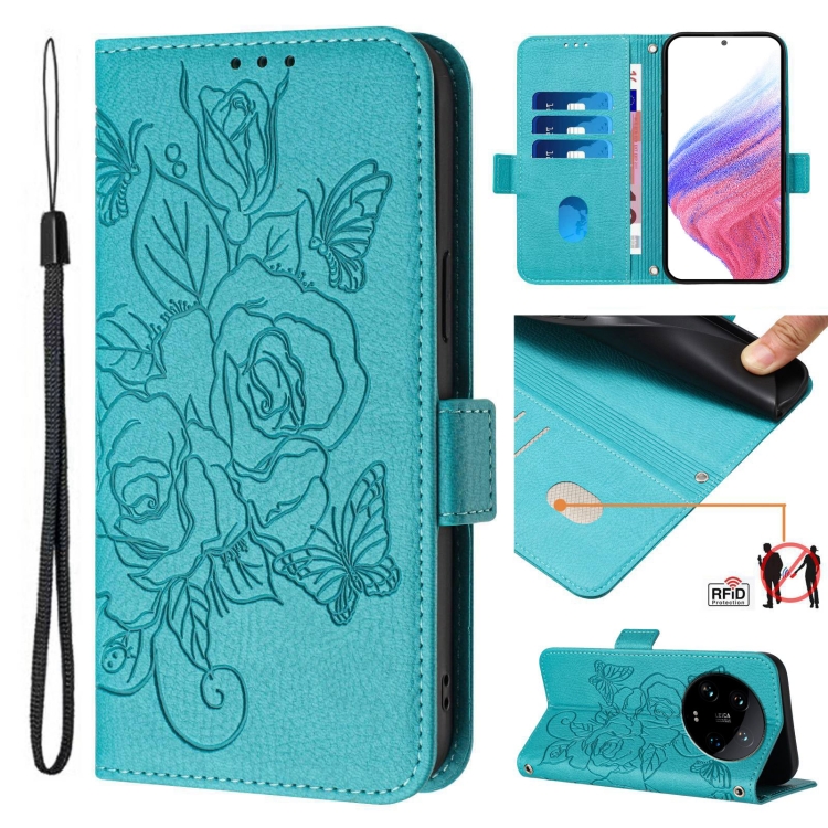 

For Xiaomi 14 Ultra 5G Global Embossed Rose RFID Anti-theft Leather Phone Case(Light Blue)