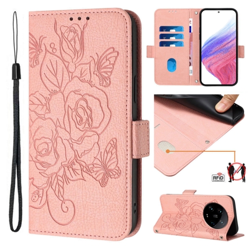 

For Xiaomi 14 Ultra 5G Global Embossed Rose RFID Anti-theft Leather Phone Case(Pink)