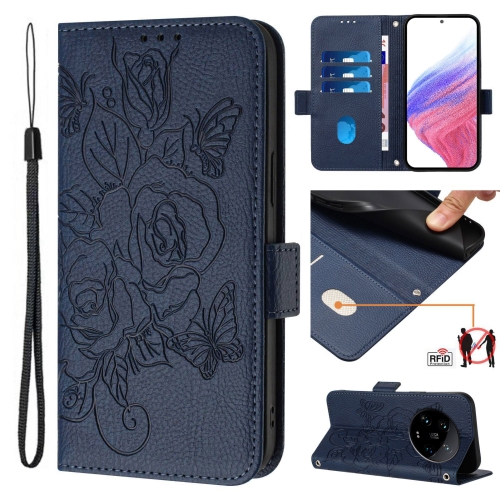 

For Xiaomi 14 Ultra 5G Global Embossed Rose RFID Anti-theft Leather Phone Case(Dark Blue)