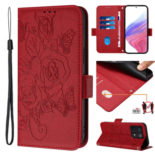 

For Xiaomi 14T Pro Embossed Rose RFID Anti-theft Leather Phone Case(Red)