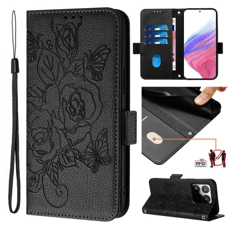 

For Xiaomi 15T 5G Embossed Rose RFID Anti-theft Leather Phone Case(Black)