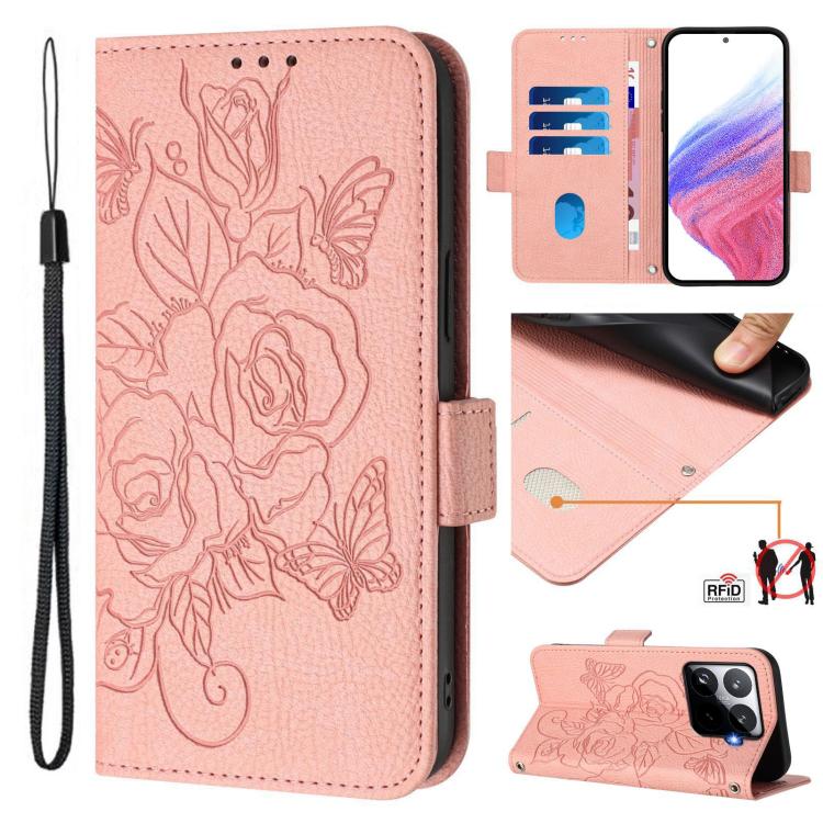 

For Xiaomi 15T Pro 5G Embossed Rose RFID Anti-theft Leather Phone Case(Pink)