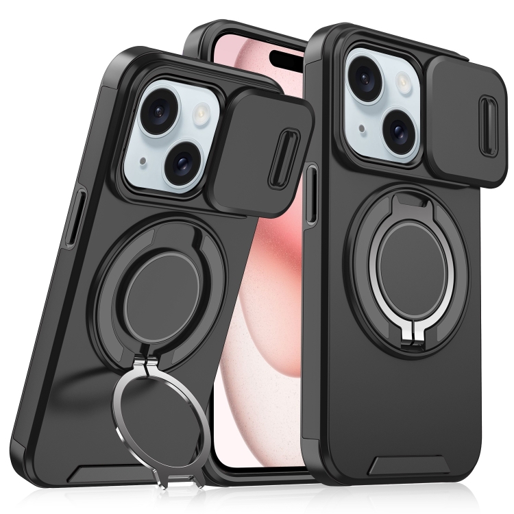 

For iPhone 15 Sliding Camshield Ring Holder Phone Case(Black)