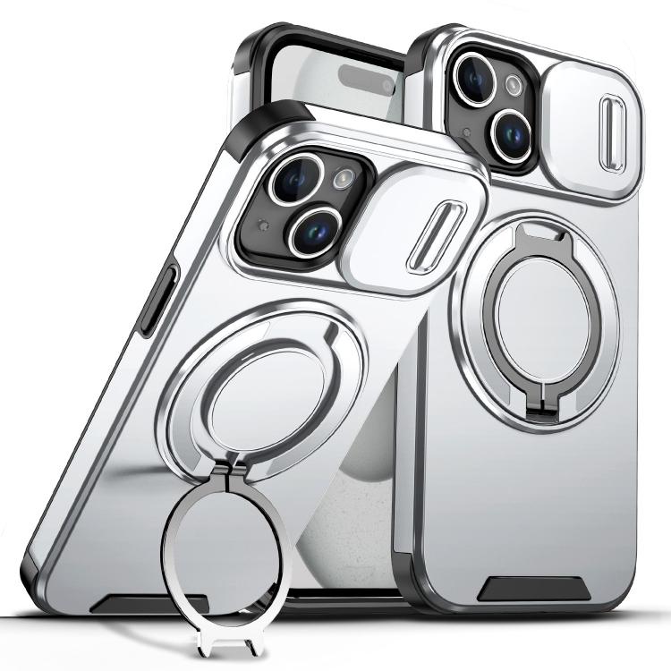 For iPhone 15 Sliding Camshield Ring Holder Phone Case(Silver)