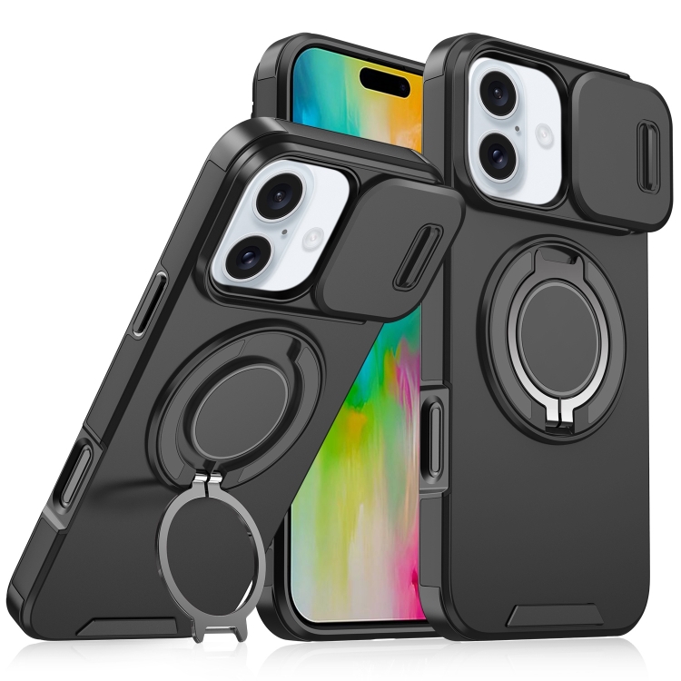 

For iPhone 16 Plus Sliding Camshield Ring Holder Phone Case(Black)