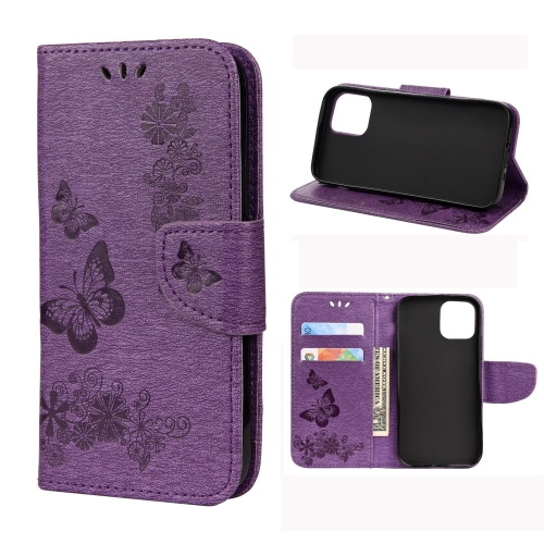 

For iPhone 12 Pro Max Vintage Embossed Floral Butterfly Pattern Horizontal Flip Leather Case with Card Slot & Holder & Wallet & Lanyard(Purple)