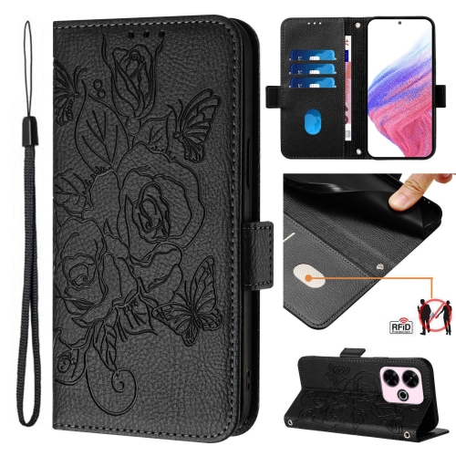 

For Redmi 13 4G / Note 13R Embossed Rose RFID Anti-theft Leather Phone Case(Black)