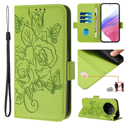 

For vivo X100 Pro 5G Embossed Rose RFID Anti-theft Leather Phone Case(Green)