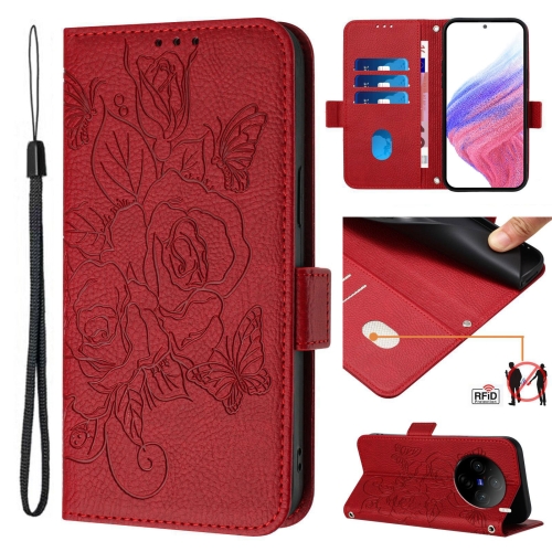 

For vivo X100 Pro 5G Embossed Rose RFID Anti-theft Leather Phone Case(Red)