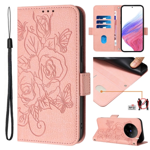 

For vivo X100 Pro 5G Embossed Rose RFID Anti-theft Leather Phone Case(Pink)