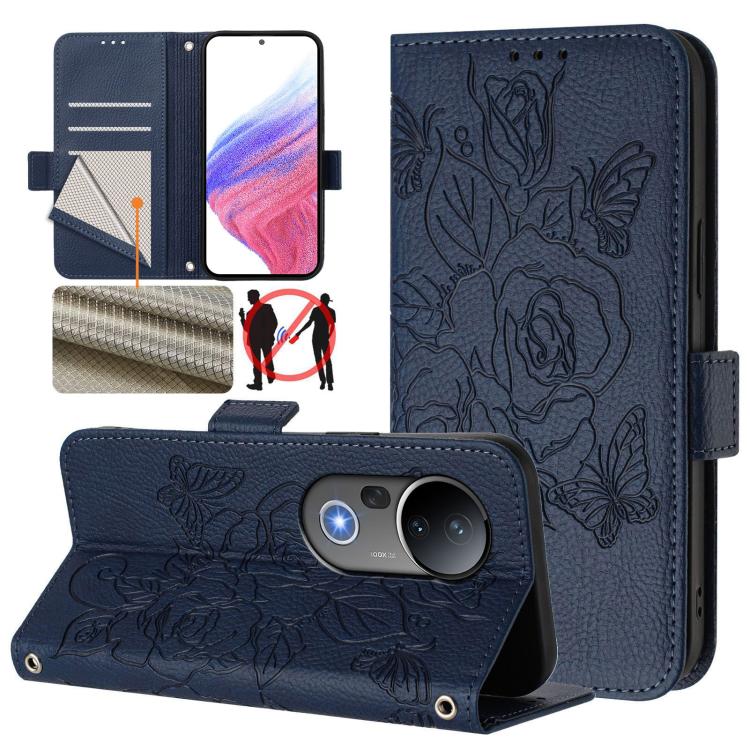 

For vivo S20 Pro 5G Embossed Rose RFID Anti-theft Leather Phone Case(Dark Blue)