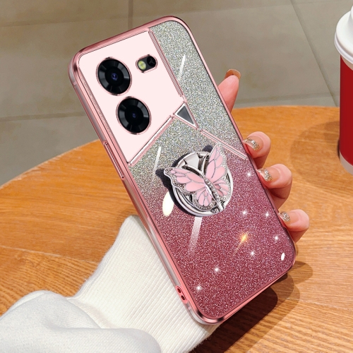 

For Tecno Pova 6 Pro Plated Gradient Glitter Butterfly Holder TPU Phone Case(Pink)