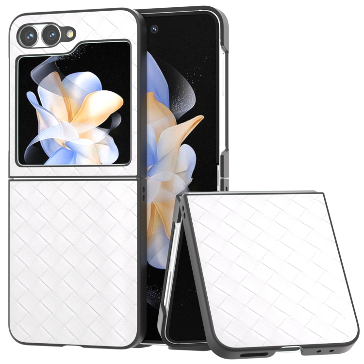 

For Samsung Galaxy Z Flip6 Black Frame Woven Texture PU Phone Case(White)