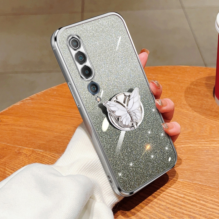 

For Xiaomi Mi 10 Plated Gradient Glitter Butterfly Holder TPU Phone Case(Silver)