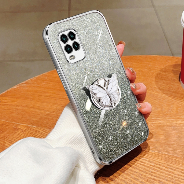 

For Xiaomi Mi 10 Lite Plated Gradient Glitter Butterfly Holder TPU Phone Case(Silver)