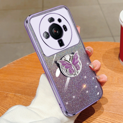 

For Xiaomi 12S Ultra Plated Gradient Glitter Butterfly Holder TPU Phone Case(Purple)