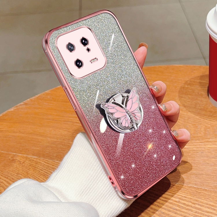 

For Xiaomi 13 Plated Gradient Glitter Butterfly Holder TPU Phone Case(Pink)