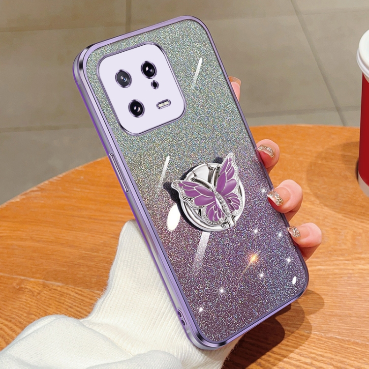 

For Xiaomi 13 Plated Gradient Glitter Butterfly Holder TPU Phone Case(Purple)