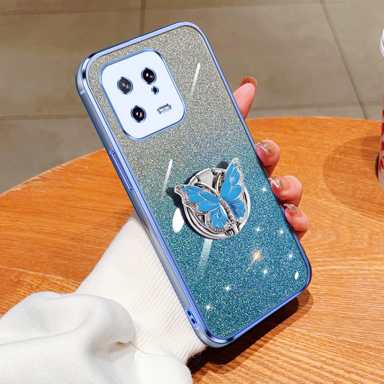 

For Xiaomi 13 Plated Gradient Glitter Butterfly Holder TPU Phone Case(Sierra Blue)